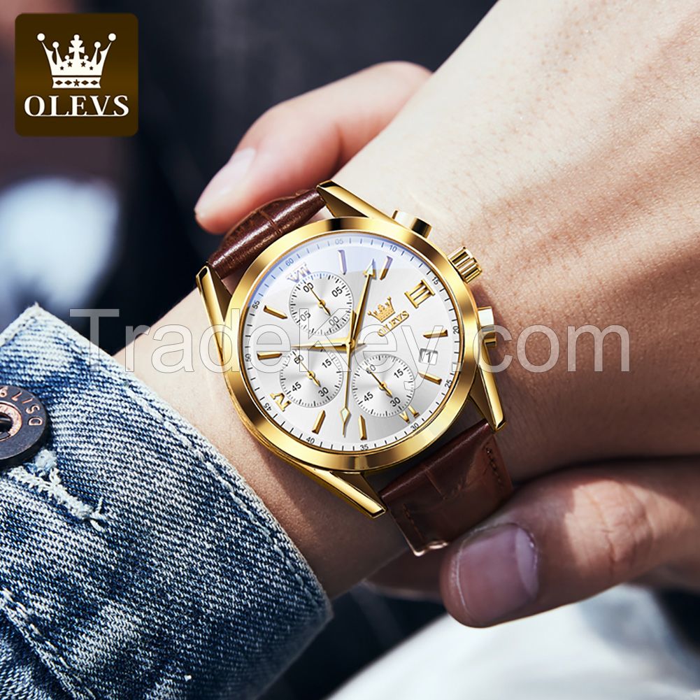 OLEVS 2872 Luxury Three-Eye Belt Quartz Watch Stainless Steel Back Custom Wholesale China Men Watch