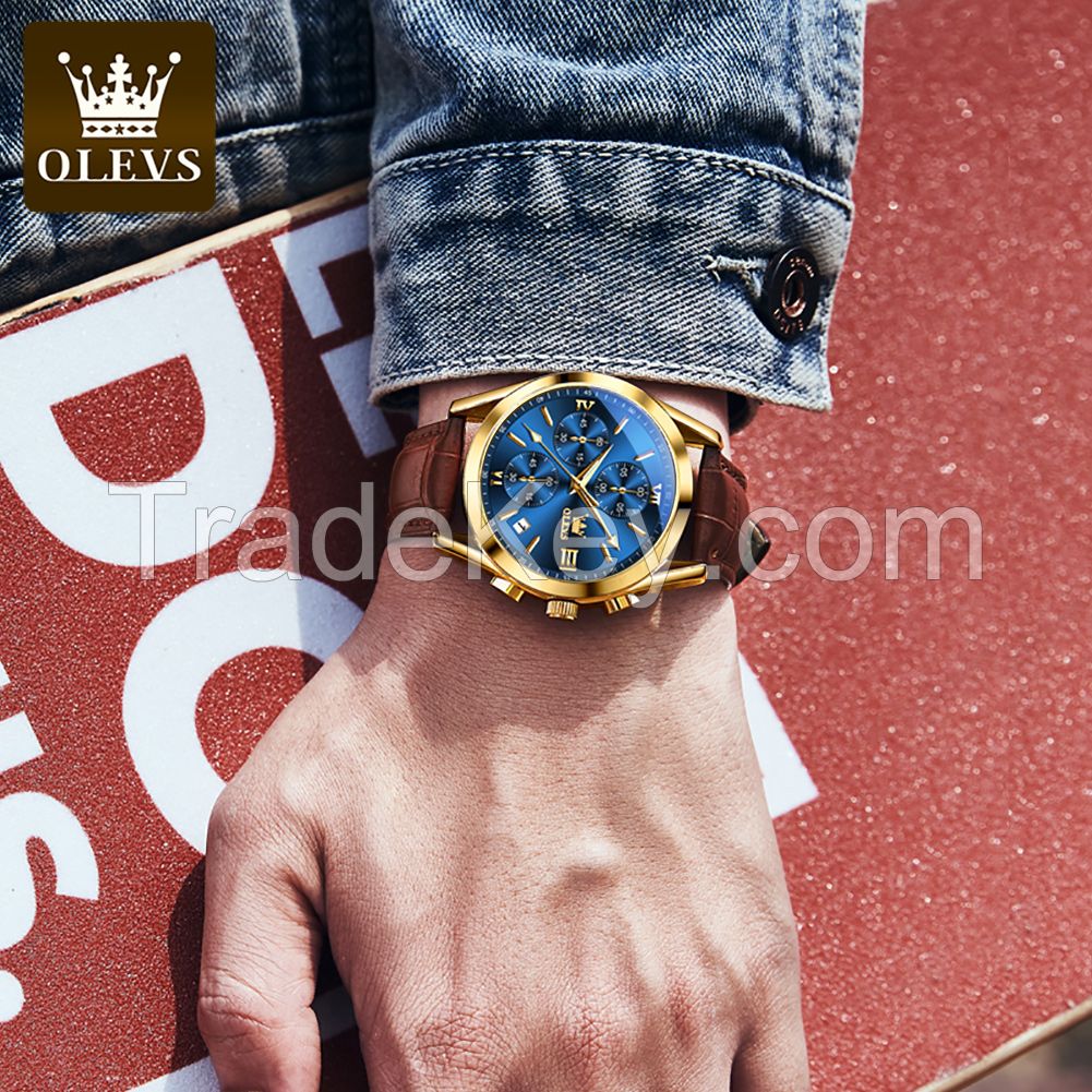 OLEVS 2872 Luxury Three-Eye Belt Quartz Watch Stainless Steel Back Custom Wholesale China Men Watch