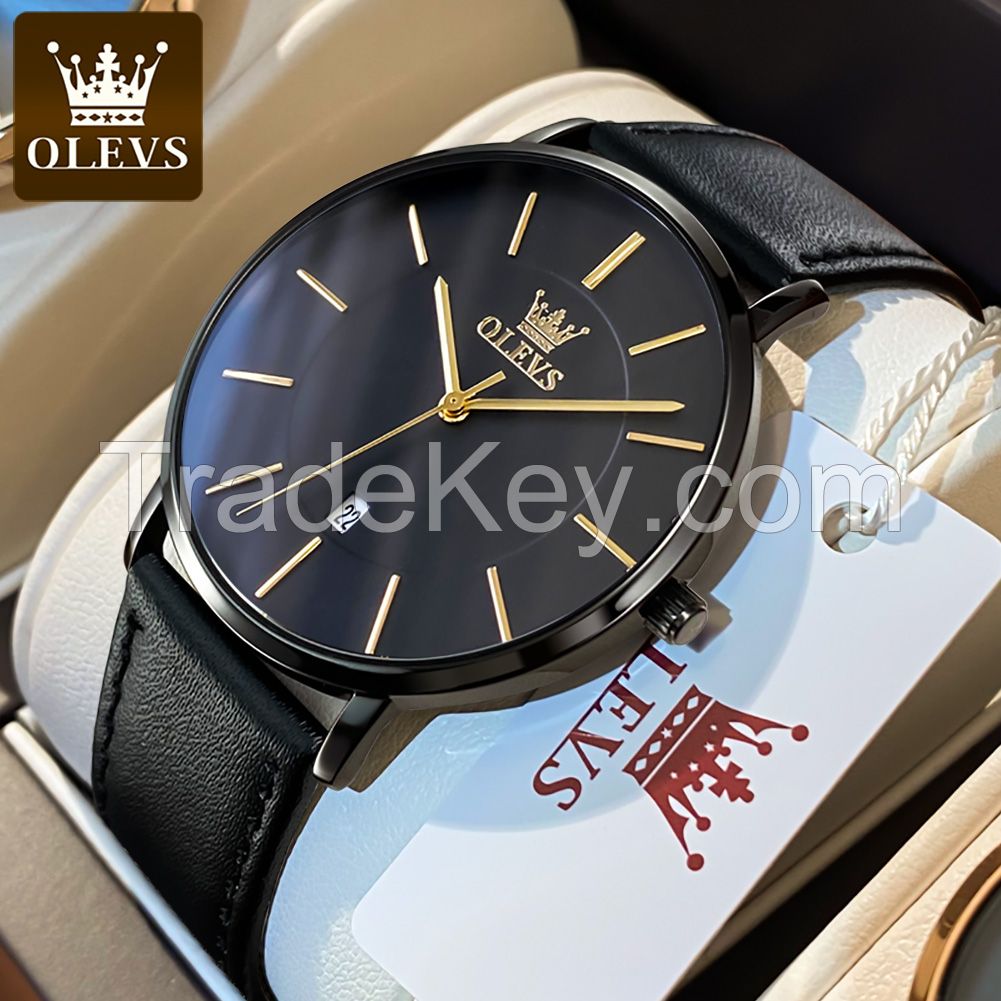OLEVS 5869 Men Watch Luxury Brand Quartz WristWatch Power Reserve Water Feature Genuine Leather Chronograph  Clock