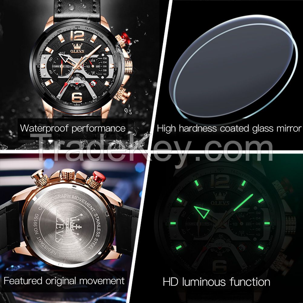 OLEVS 9915 Casual Sport Watches for Men Blue Luxury  Leather  Man Clock Fashion Chronograph Quartz WristWatch