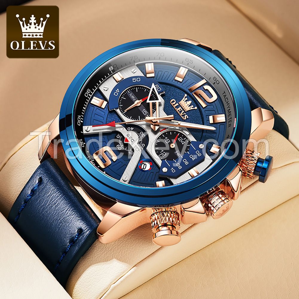 OLEVS 9915 Casual Sport Watches for Men Blue Luxury  Leather  Man Clock Fashion Chronograph Quartz WristWatch