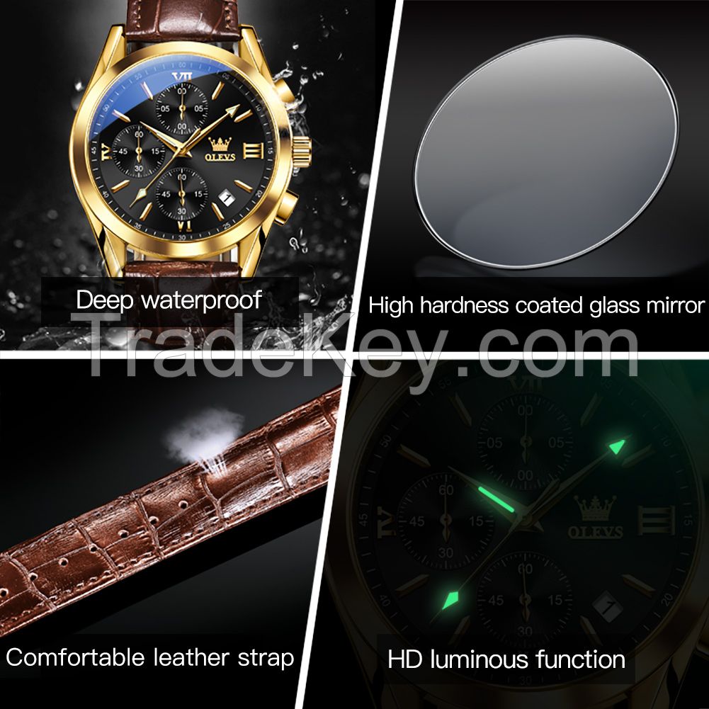 OLEVS 2872 Luxury Three-Eye Belt Quartz Watch Stainless Steel Back Custom Wholesale China Men Watch