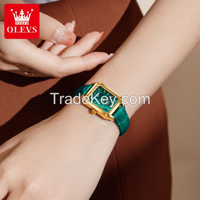 OLEVS 6626 Ladies Luxury Watches Small Face Dial Green Dial Belt Loop Square Women Wrist Watches For Girls