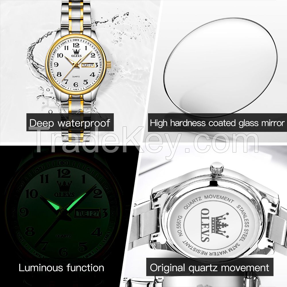 Olevs 5567 Women's Watch Luxury Brand Quartz Watch Couple Oem Logo Low Price Clock Stainless Steel Digital Date Clock