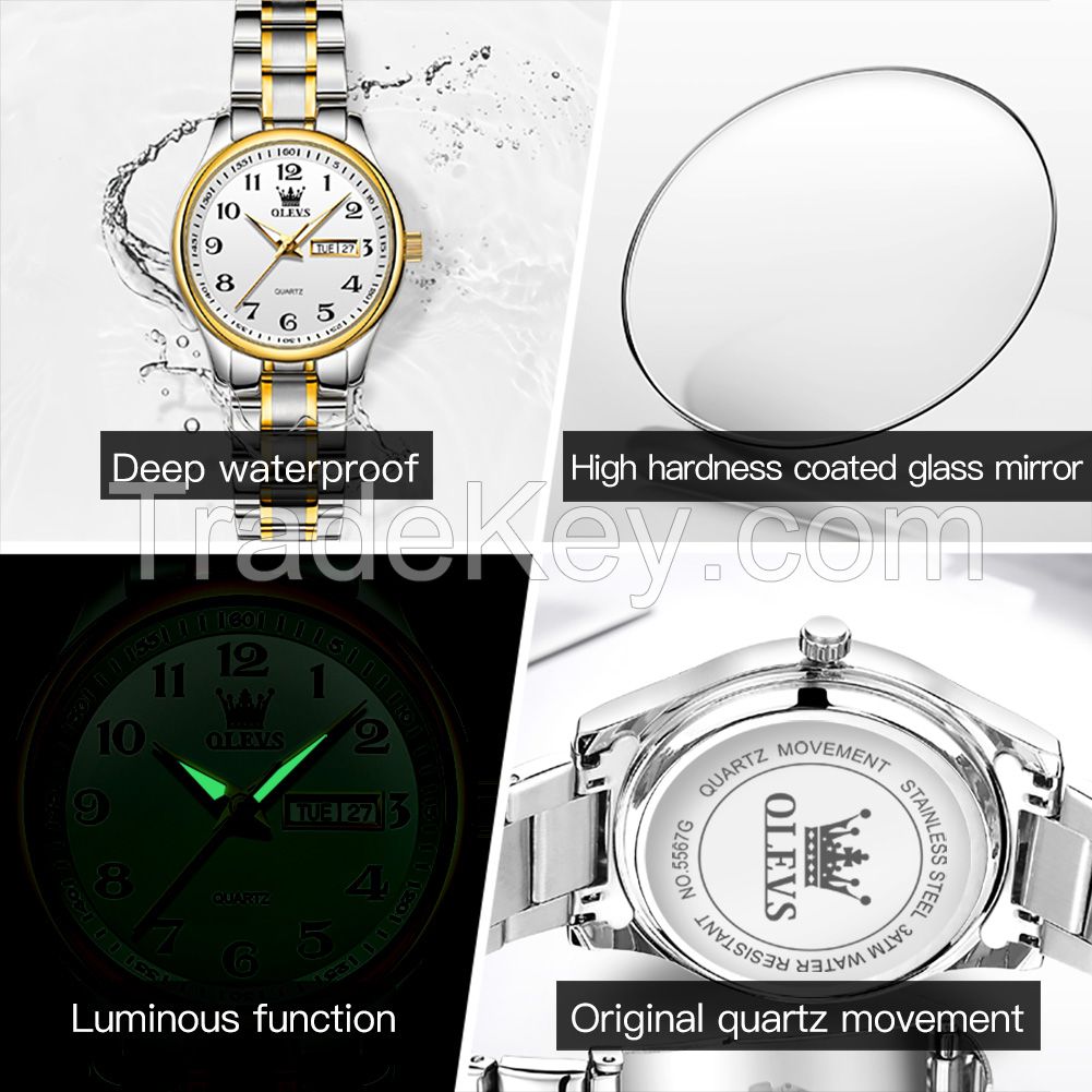 OLEVS 5567 Women's Watch Luxury Brand Quartz Watch Couple OEM LOGO Low Price Clock Stainless Steel Digital Date Clock