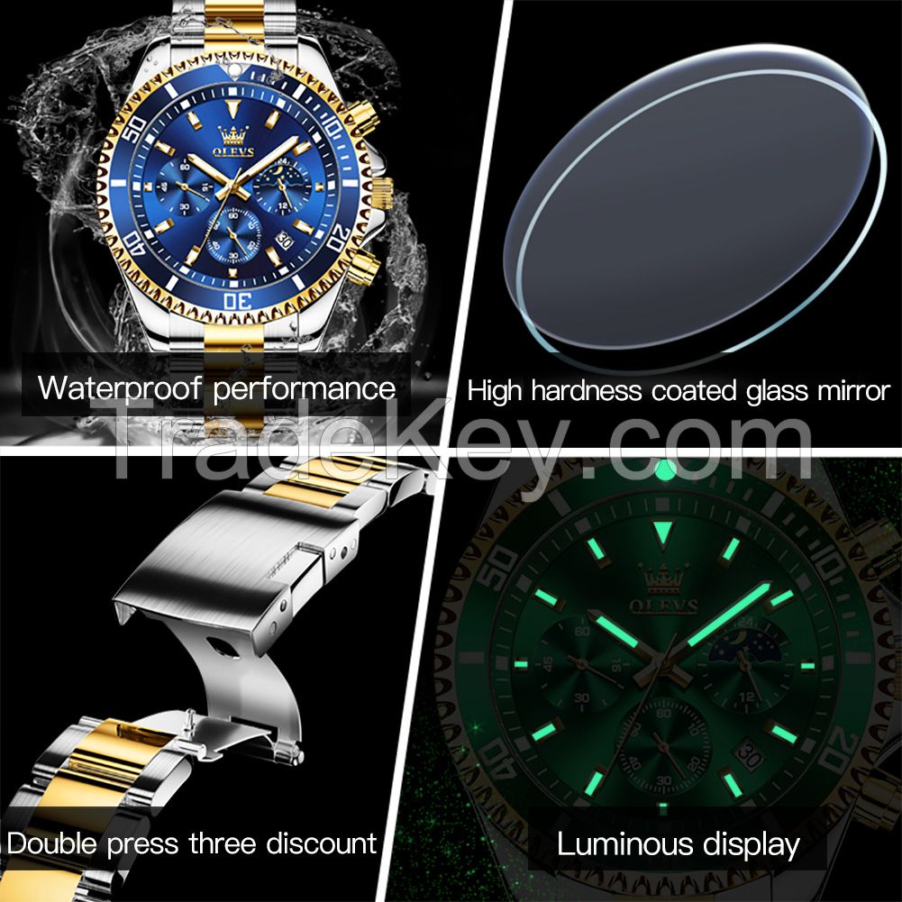 Olevs 2870 Chronograph Luminous Analogue Luxury Crescent Steel Wrist Custom Wholes Waterproof  Moon PhaseDate Men quartz watches