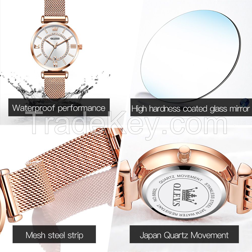 6892 OLEVS Fashion Women's Dress Gift Wristwatch Simple Casual Business Women's Watch Mesh Belt Power Reserve Women's Clock