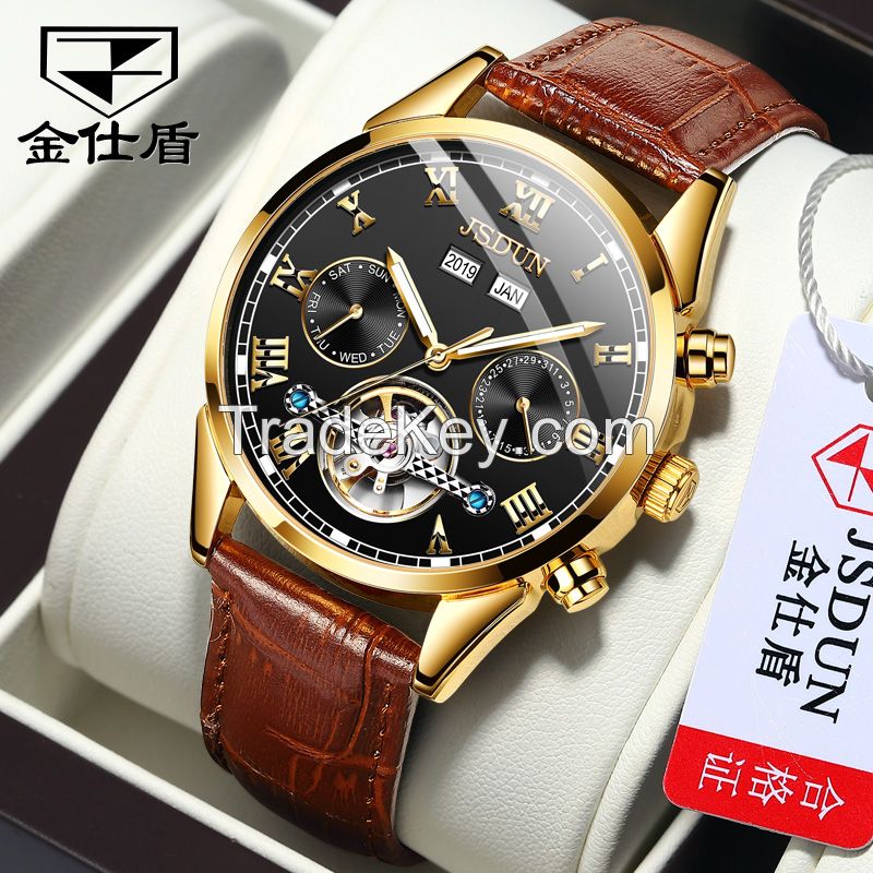 JSDUN 8908 Automatic mechanical watch waterproof multifunctional calendar leather men's watch