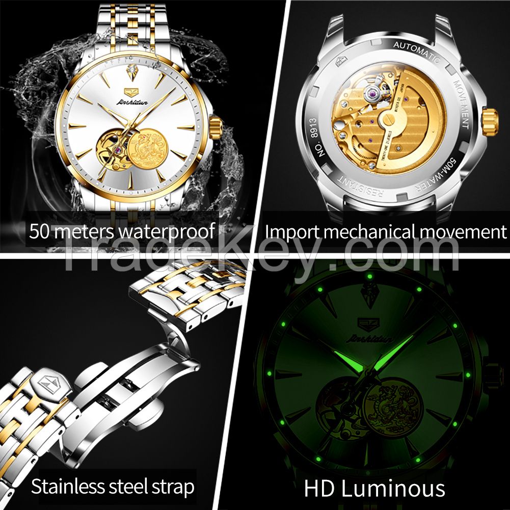 JSDUN 8913 Private Label New Design Luxury Mechanical Skeleton Silicone Hand Watch Men