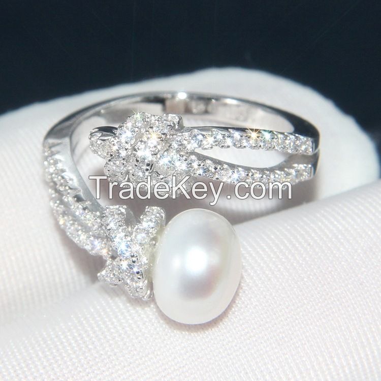S925 Sterling Silver Ring Women's Diamond Pearl Knot Ring