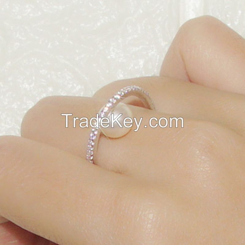 S925 Sterling Silver Ring Women's Diamond Natural Pearl Ring