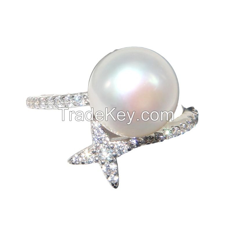 S925 Sterling Silver Ring Female Diamond Cross Star Pearl Ring