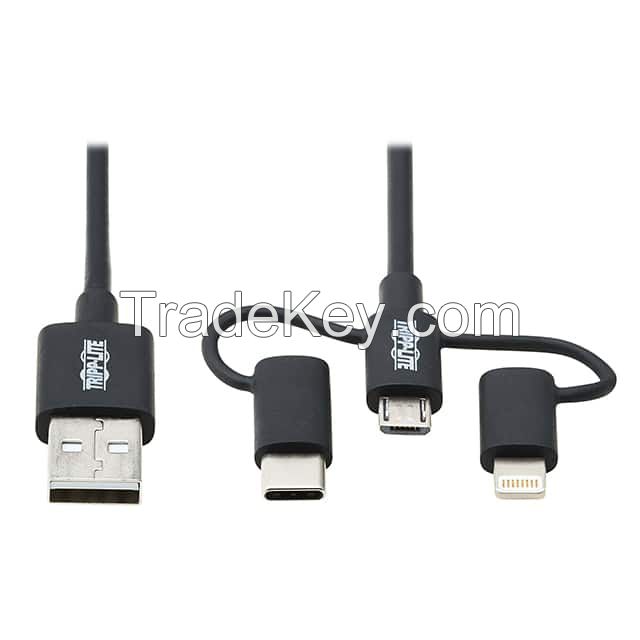 USB A Male Plug to Micro USB B Male, USB C Male, and i5 Lightning Connector Black Round Unshielded