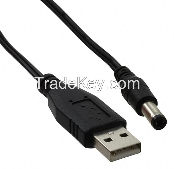 Barrel Plug - 2.5mm ID, 5.5mm OD to USB A Male Plug Black Flat Unshielded