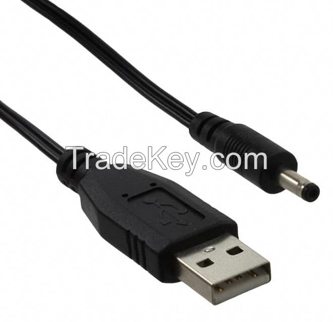 Barrel Plug - 1.35mm ID, 3.5mm OD to USB A Male Plug Black Flat Unshielded