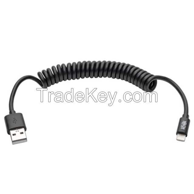 USB A Male Plug to i5 Lightning Connector Black Round Coiled Unshielded