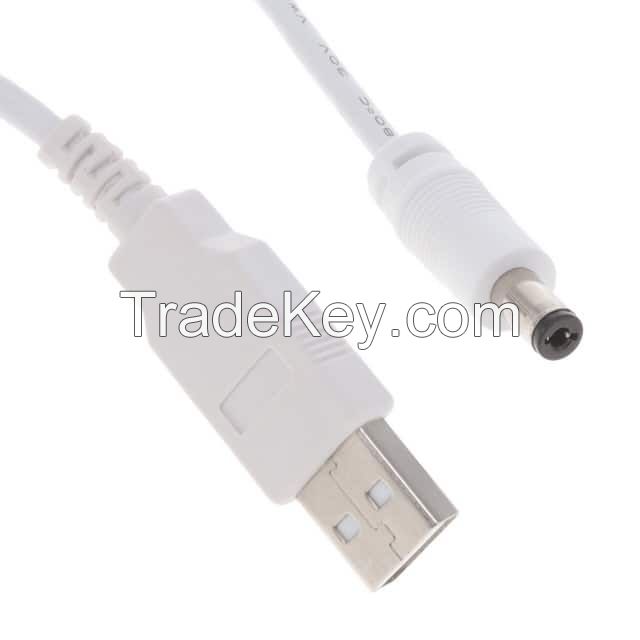 Barrel Jack - 2.1mm ID, 5.5mm OD to USB A Plug White Round Shielded