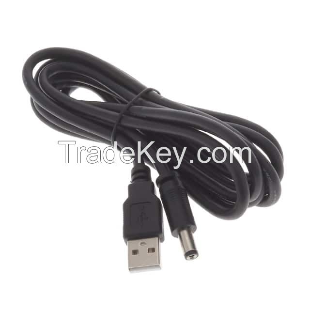 Barrel Jack - 2.1mm ID, 5.5mm OD to USB A Male Plug Black Round Shielded