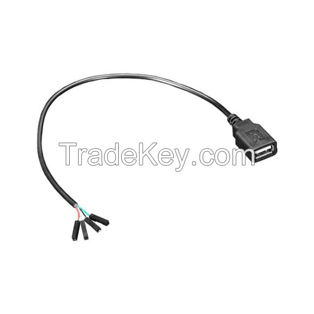 USB A Female Receptacle to Cable (Round) with Jumper Sockets (4) Black Round Unshielded