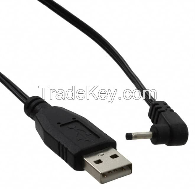 Barrel Plug, Right Angle - 0.7mm Id, 2.35mm Od To Usb A Male Plug Black Flat Unshielded