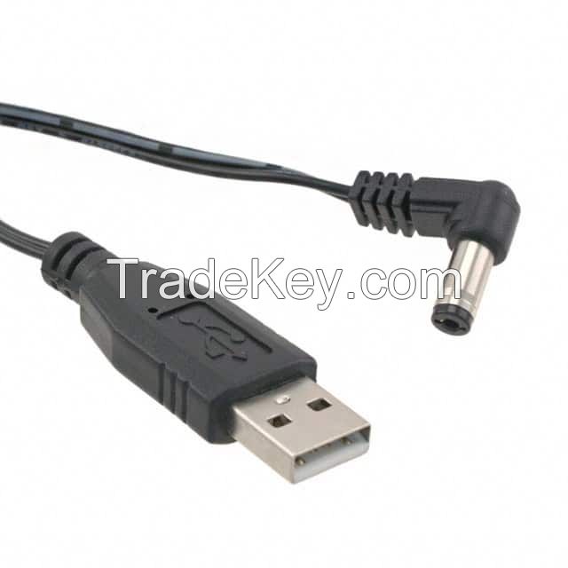 Barrel Plug, Right Angle - 2.1mm ID, 5.5mm OD to USB A Male Plug Black Flat Unshielded