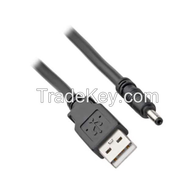Barrel Plug - 1.35mm ID, 3.5mm OD to USB A Male Plug Black Round Unshielded