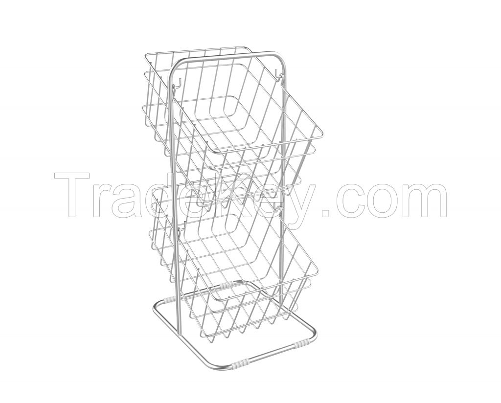2 Tier Fruit Basket Stand for Kitchen Counter, Bread, Fruit and Vegetable Holder, Wire Hanging Basket for Kitchen Organizer