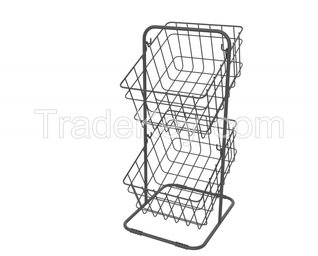 2 Tier Fruit Basket Stand for Kitchen Counter, Bread, Fruit and Vegetable Holder, Wire Hanging Basket for Kitchen Organizer white/black