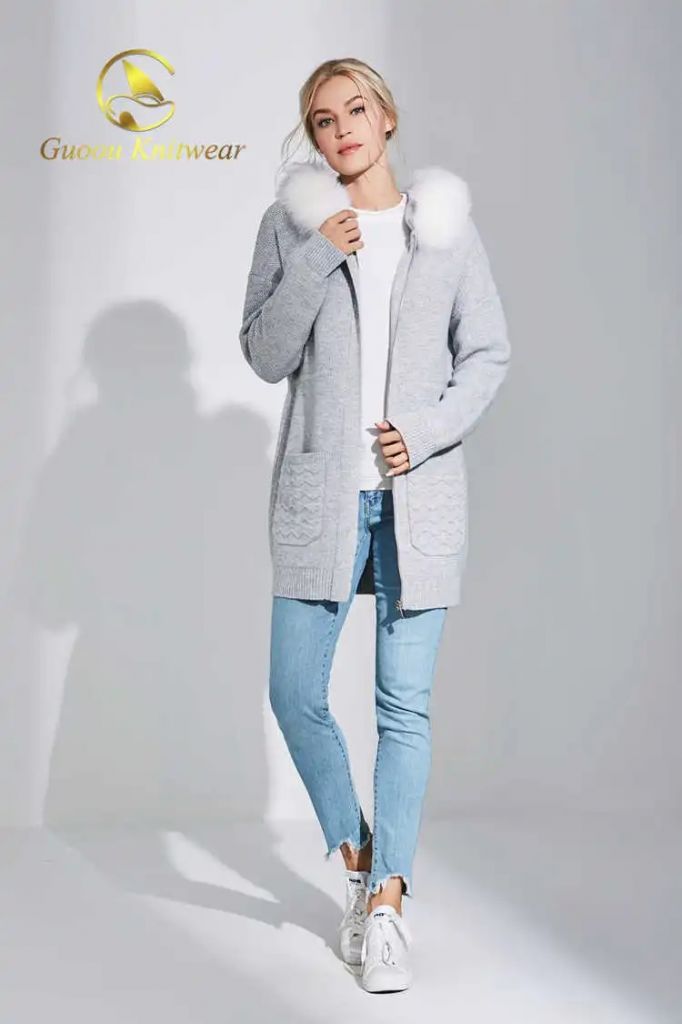 Hooded Collar with Fur Normal Long Sleeve Thick Knitted Long Coat Knitwear Knit Wool Cardigan Sweater