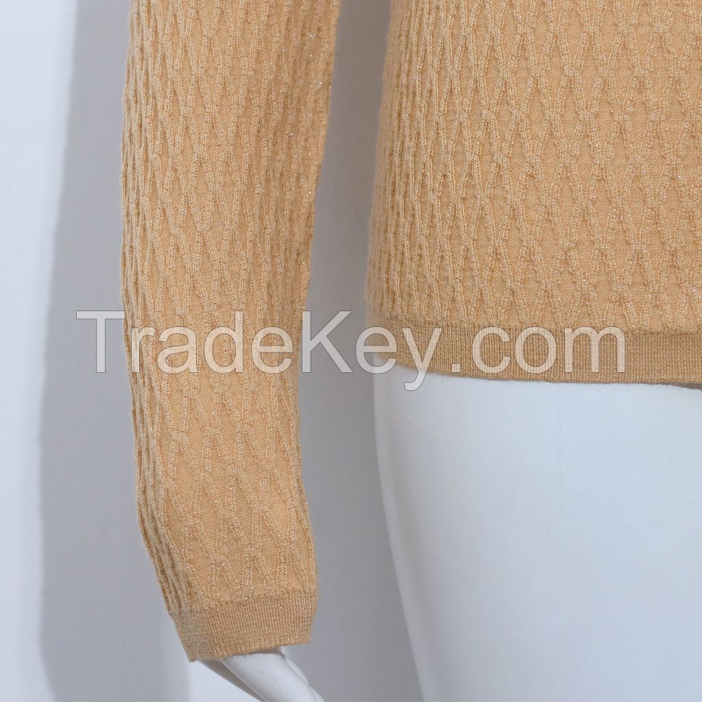 OEM Ladies Innerwear16G 3D Diamond Fine Knit Jacquard Long Sleeve Lurex Turtleneck Women Wool Basic Sweater