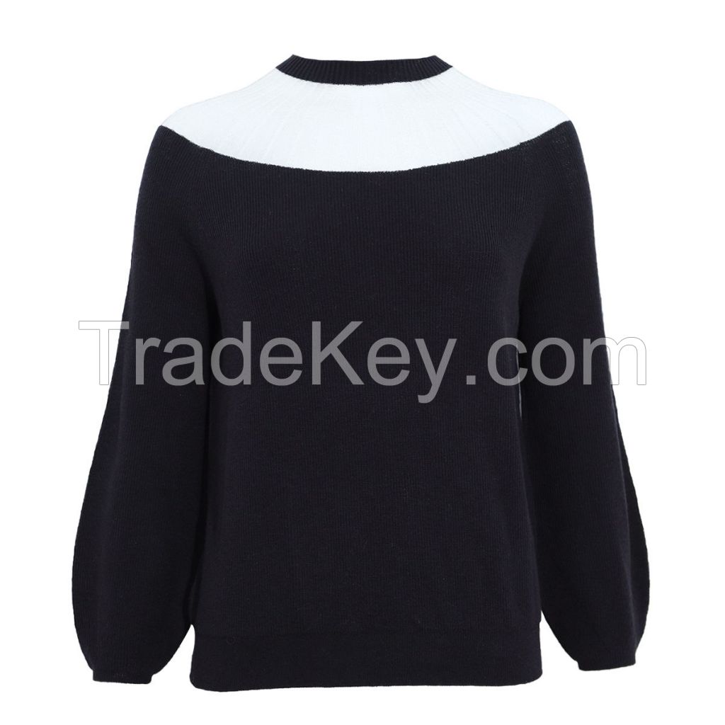 women&amp;#039;s sweater Loose Contrast Trim Mesh Sheer Lantern Sleeve Seamless Cashmere Sweater Pullover
