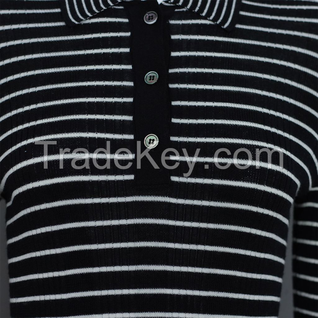 Trendy Style Fine Knit 16G Classic-Fit Polo-Collar Striped Button Lapel Merino Wool Women'S Knit Blouse Sweater