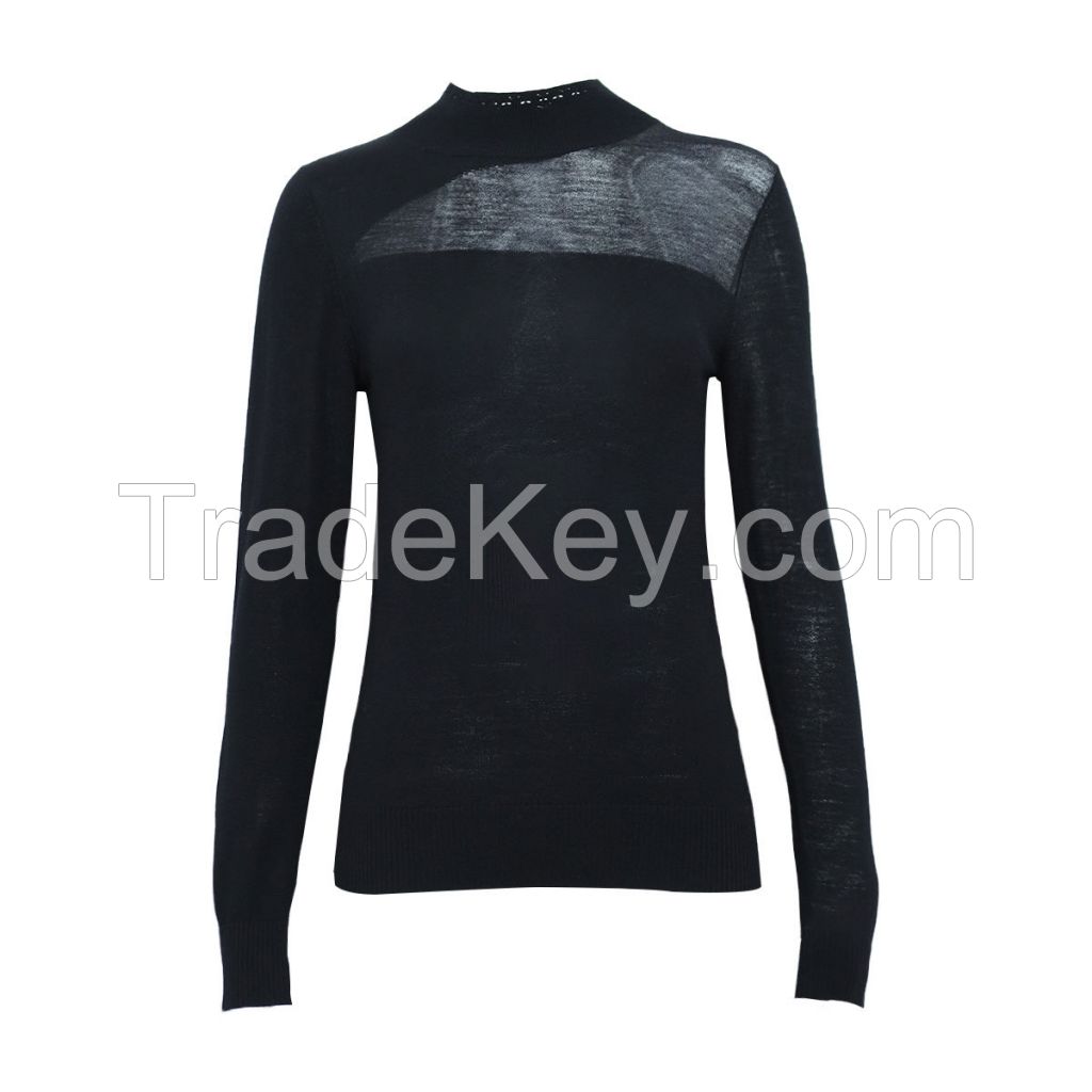 Factory Custom Ladies Lightweight Fine Knit 16G Plain Bell Sleeve Pure Wool Basic Sweater Knitted Top