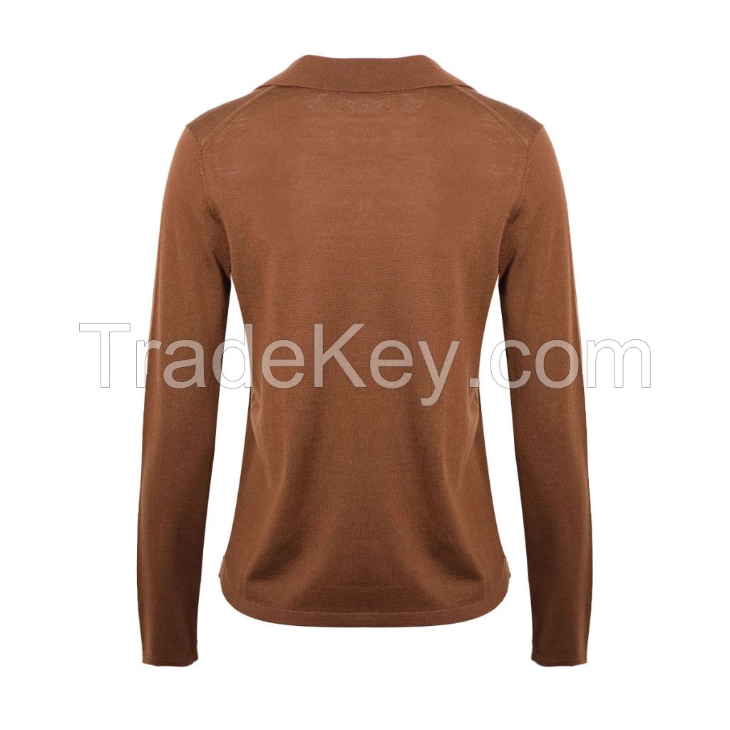 Factory custom Women&amp;#039;s V Neck Elegant Lapel Button Placket Long Sleeve fine knit 16G merino wool sweater knitted top