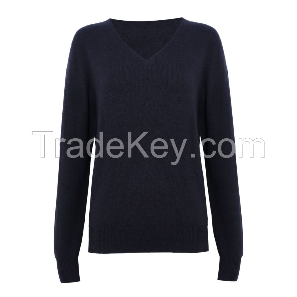 OEM Spring Autumn Lightweight Loose V Neck Long Sleeve Ribbed Lady Inner Wear Basic Knit Pullover Women Wool Sweater