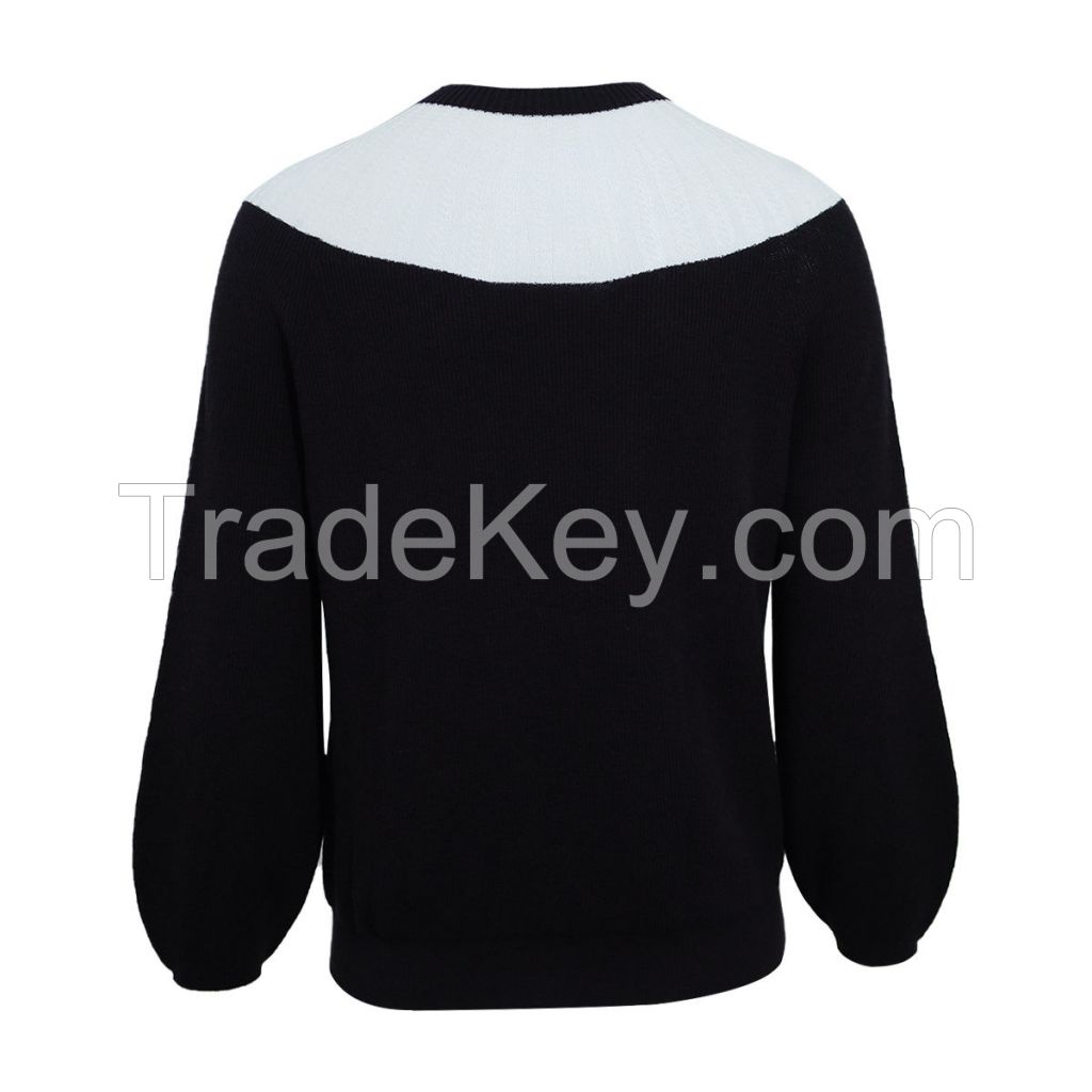 women's sweater Loose Contrast Trim Mesh Sheer Lantern Sleeve Seamless Cashmere Sweater Pullover