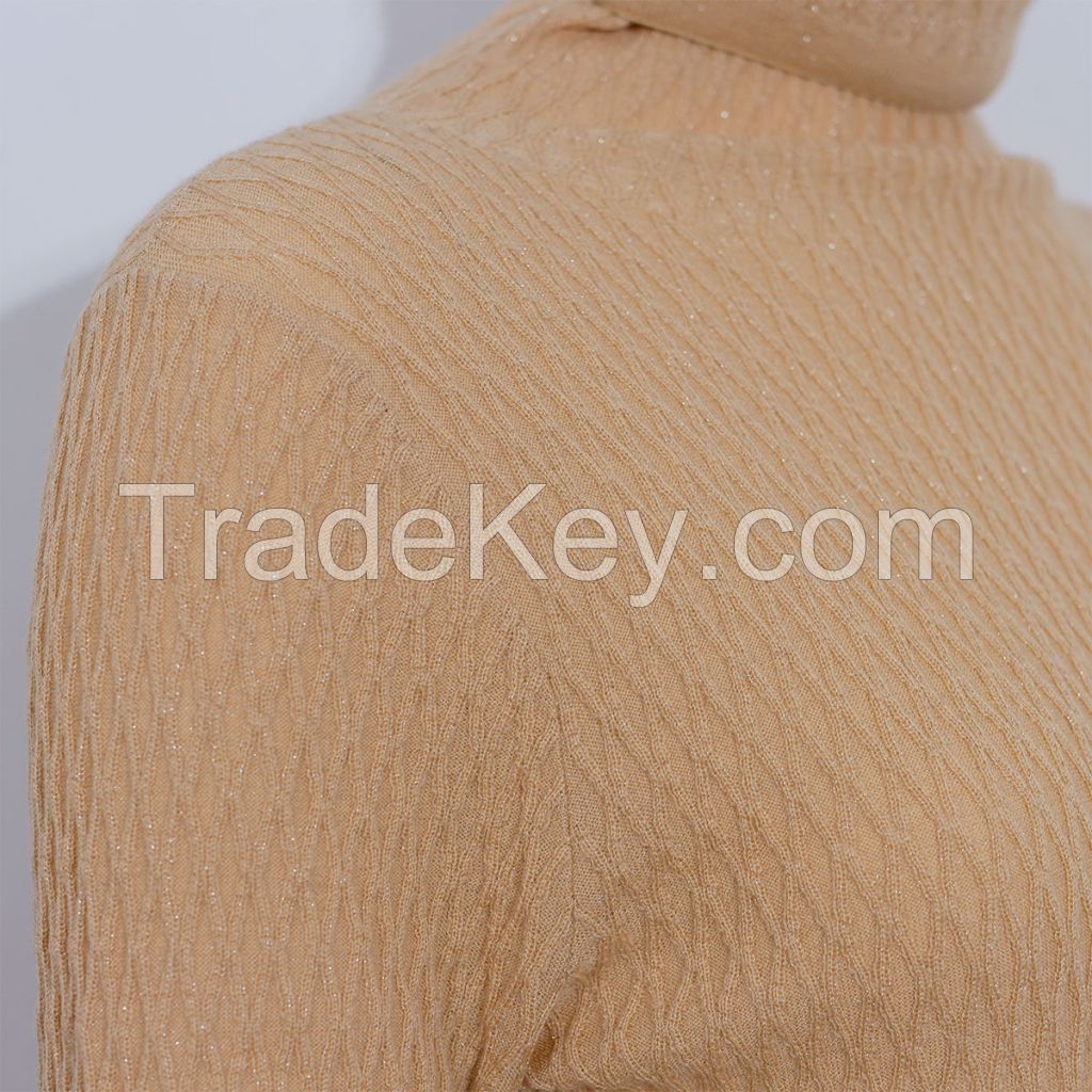 OEM Ladies Innerwear16G 3D Diamond Fine Knit Jacquard Long Sleeve Lurex Turtleneck Women Wool Basic Sweater