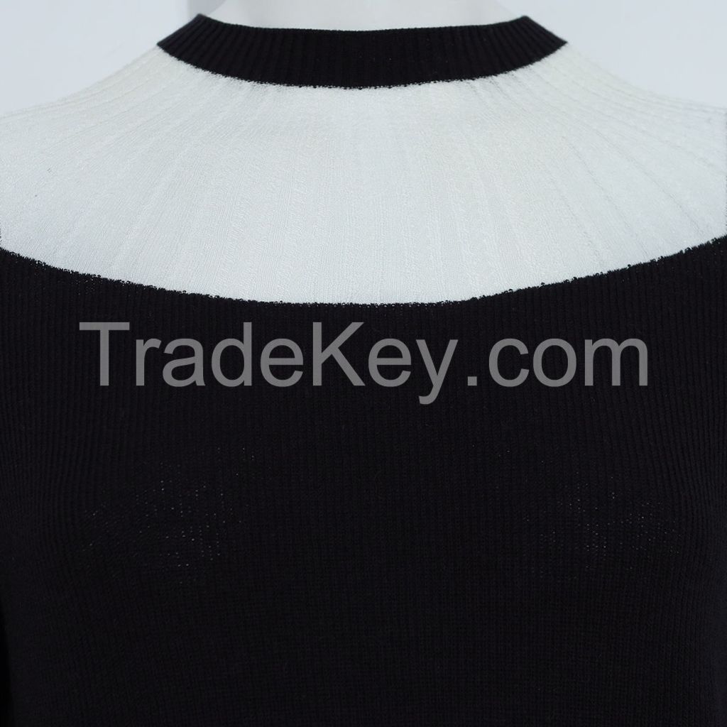 women's sweater Loose Contrast Trim Mesh Sheer Lantern Sleeve Seamless Cashmere Sweater Pullover