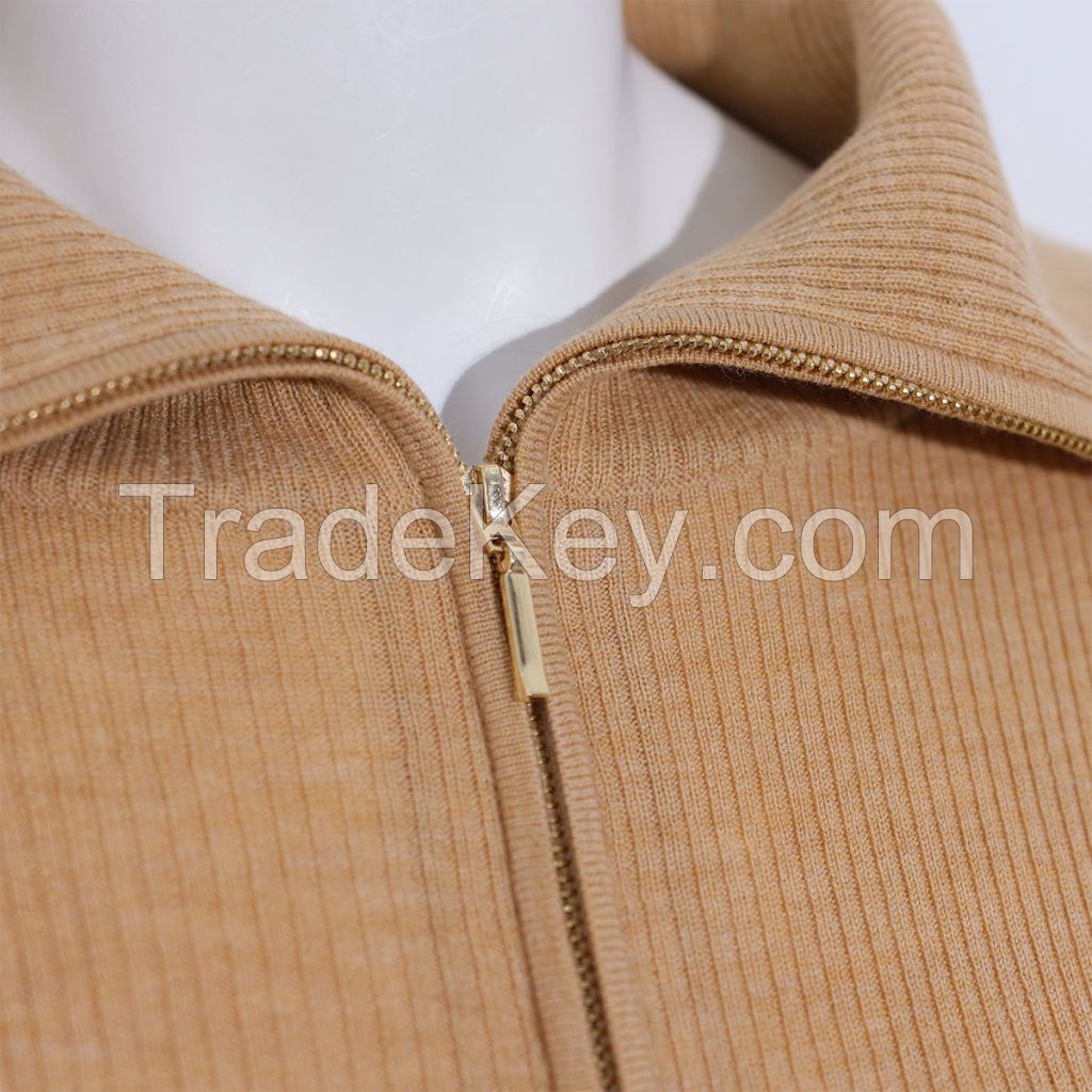 Custom wool sweater Fine Knit 16G Vintage Ribbed High Neck Knit 1/3 Quarter Zip 100% Wool Pullover Sweater