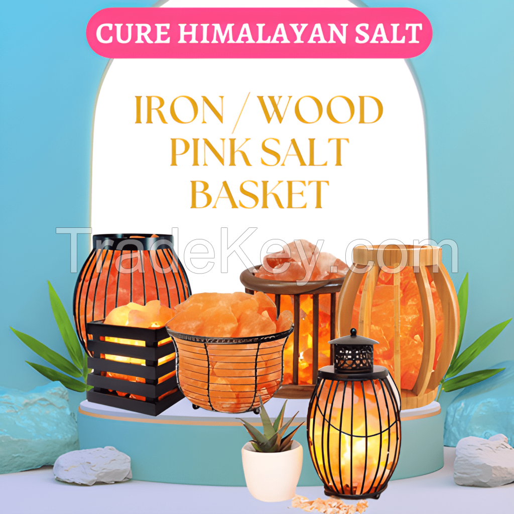  Iron and Wood Pink Salt Basket Shape Lamp