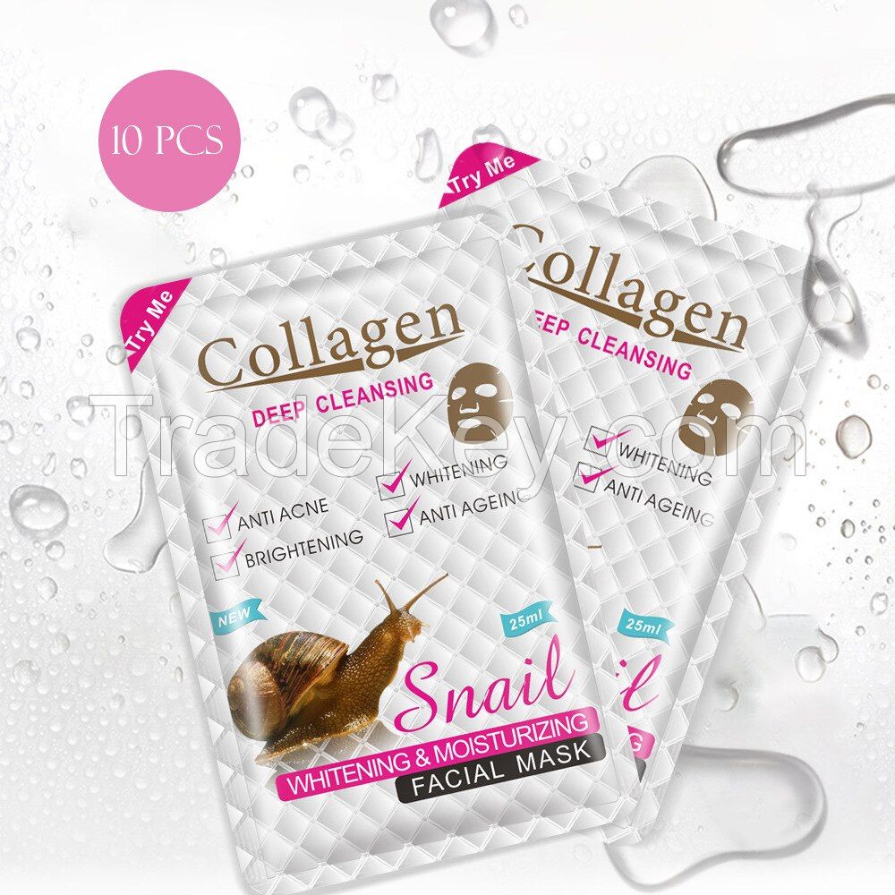 10 Pack Snail Collagen Hydrating Face Masks, Instant Brightening Firming Anti Aging Face Sheet Masks