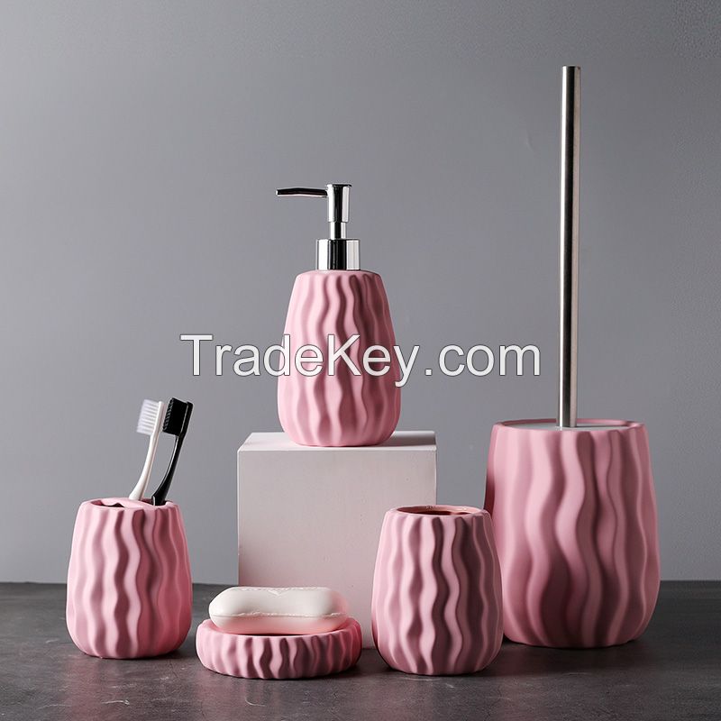  Ceramic Bathroom Accessories Set Embossed Solid Pink Soap Dispenser