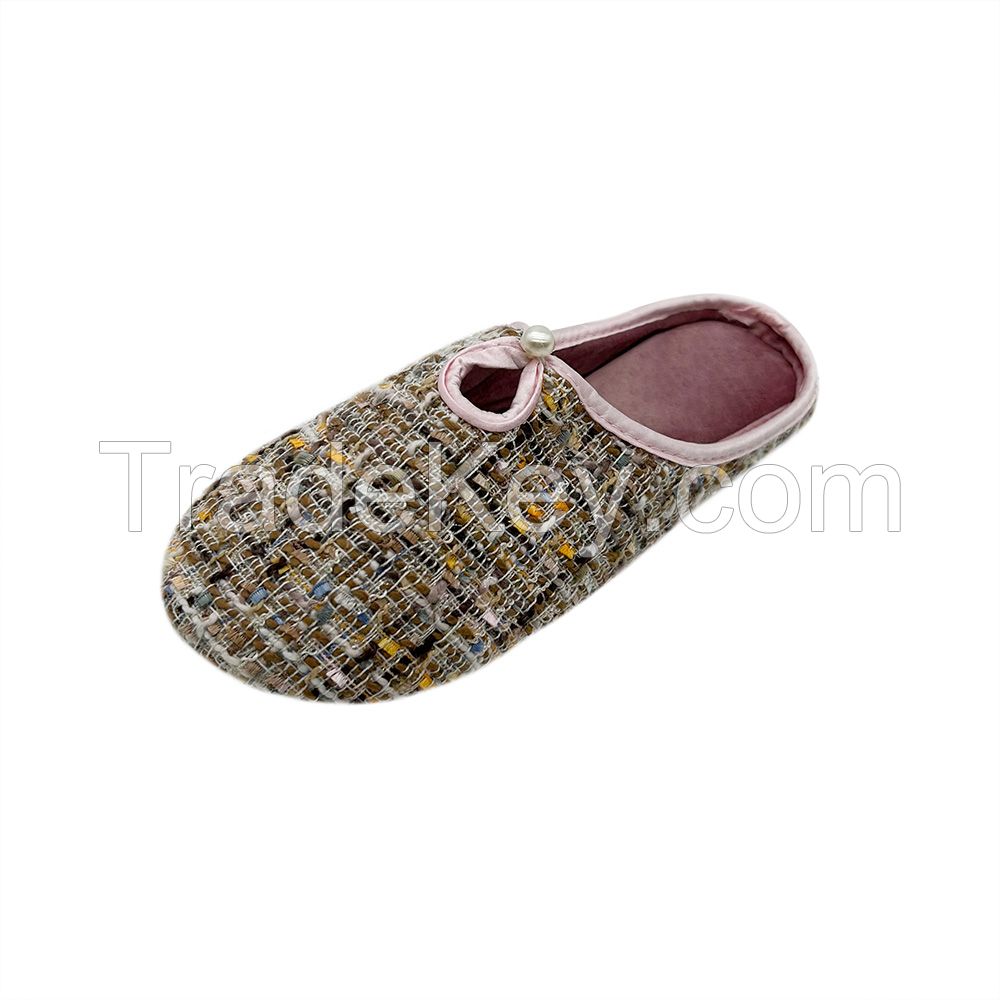 High quality Stylish pearl decoration Spring cotton Soft Slip-on Non-slip Casual Breathable Fabric Home Indoor Slippers