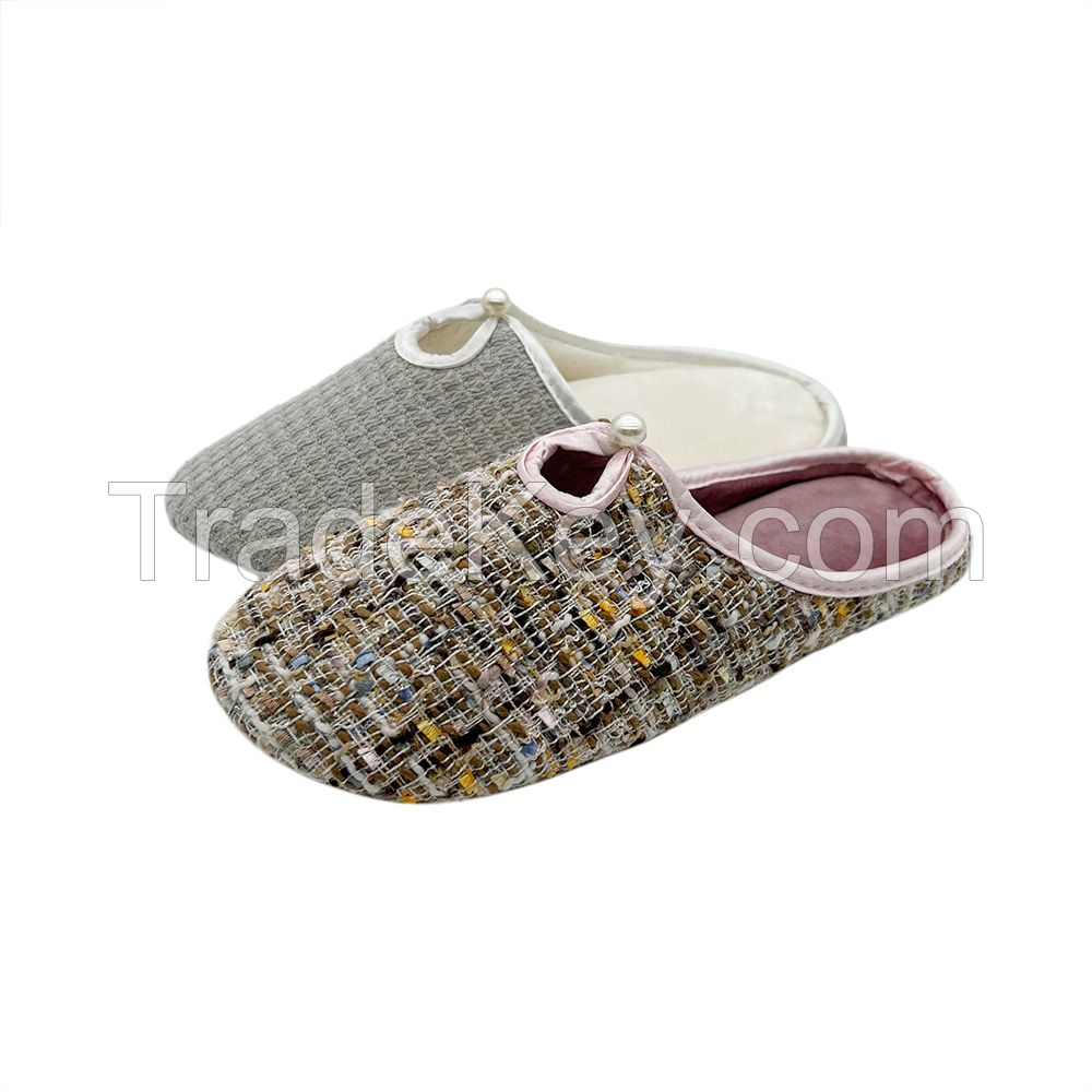 High quality Stylish pearl decoration Spring cotton Soft Slip-on Non-slip Casual Breathable Fabric Home Indoor Slippers