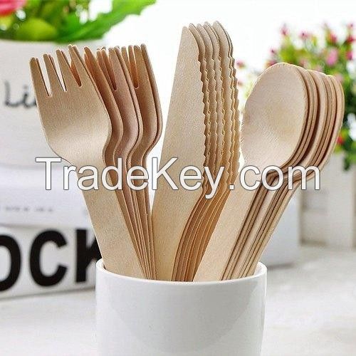 Wholesale Forks Spoons Knives Set Single use Wooden Cutlery 3 In 1 Disposable Wooden Cutlery Camping Travelling