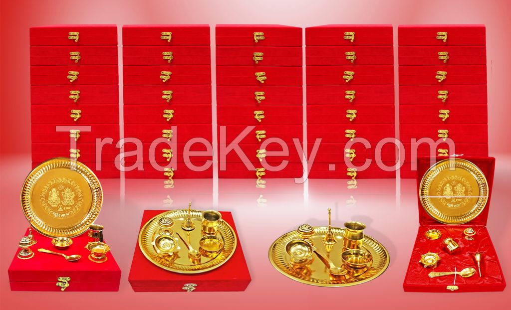 Gold Plated Pooja Thali Set 7 Pieces with Red Velvet Box Indian Occasional Gift Puja Thali 8.5 Inch Traditional Handcrafted Thali Set for Pooja Arti