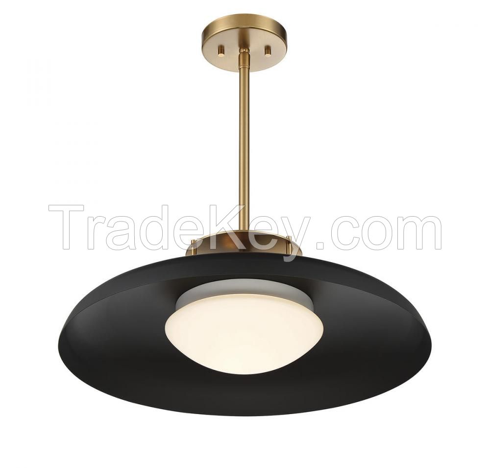 1 Light Pendant in Vintage Style-8 Inches Tall and 20 Inches Wide, Matte Black/Warm Brass Finish with White Opal Glass with Metal Shade