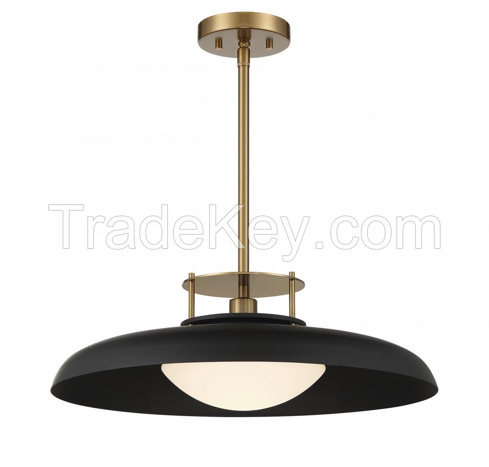 1 Light Pendant in Vintage Style-8 Inches Tall and 20 Inches Wide, Matte Black/Warm Brass Finish with White Opal Glass with Metal Shade