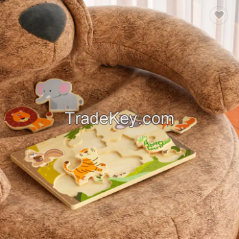Customized Children Educational Learning Toy Baby Wooden Safari Animal Puzzle Wooden Chunky Puzzle