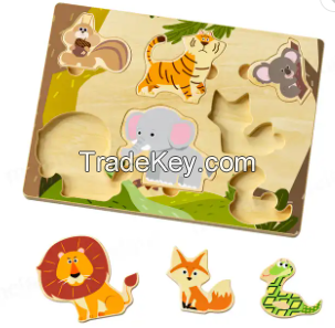 Customized Children Educational Learning Toy Baby Wooden Safari Animal Puzzle Wooden Chunky Puzzle